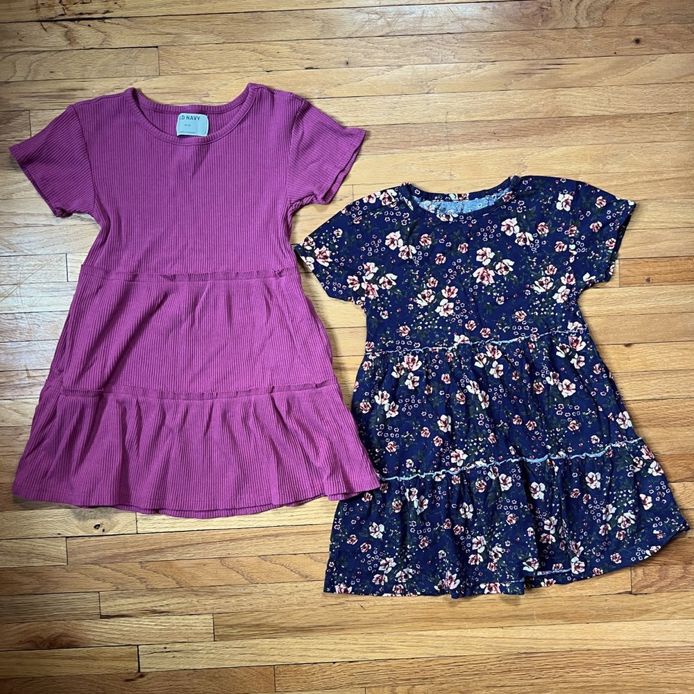 Pair of Old Navy tiered swing dresses, sz XS (5), dusty rose, navy floral print